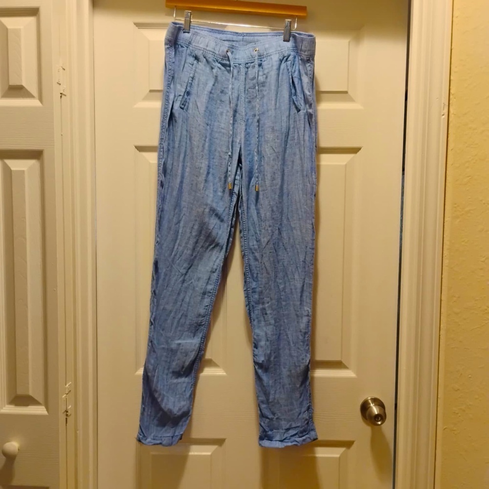 Lilly Pulitzer Light Blue Drawstring Pants 100% Linen Lightweight Stretch Size L